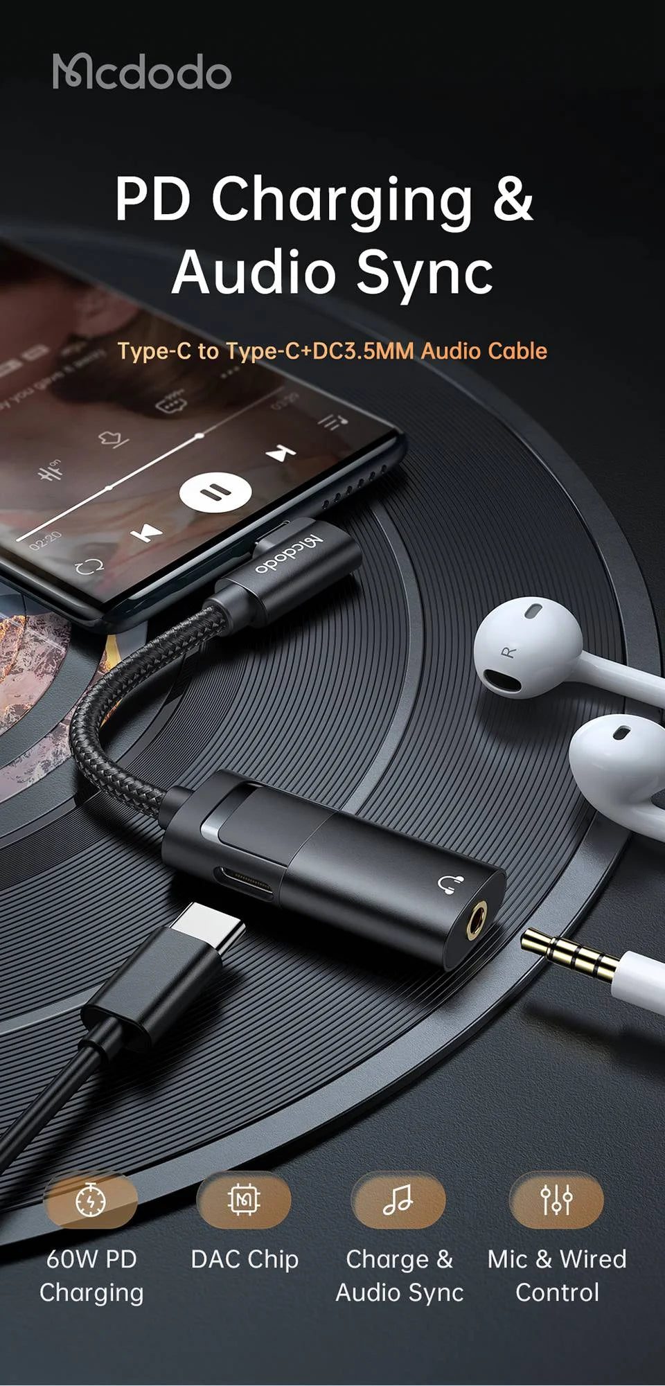 Mcdodo PD 60W Model _ CA-188 (2in1) Digital Audio Adapter USB-C to DC 3.5 & Type-C - Techgadz