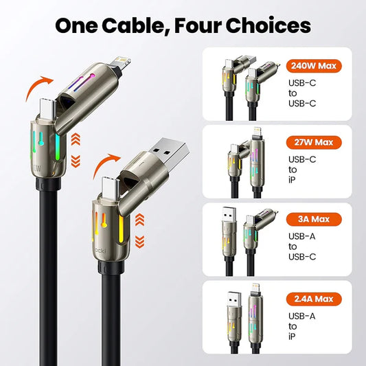 Toocki 240W 4 in 1 Fast Charge LED Cable (USB-A & Type-C to Type-C & Lightning) - Techgadz