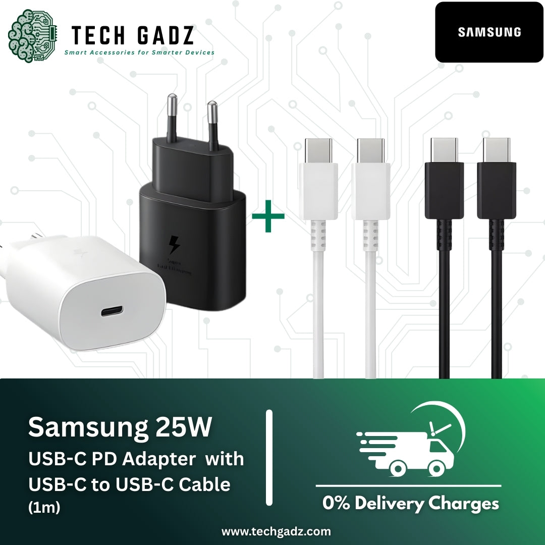 Samsung PD 25W (USB-C) Super Fast Charge Adapter with (Type-C to Type-C) Cable (Combo) - Techgadz