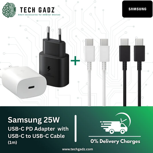 Samsung PD 25W (USB-C) Super Fast Charge Adapter with (Type-C to Type-C) Cable (Combo) - Techgadz