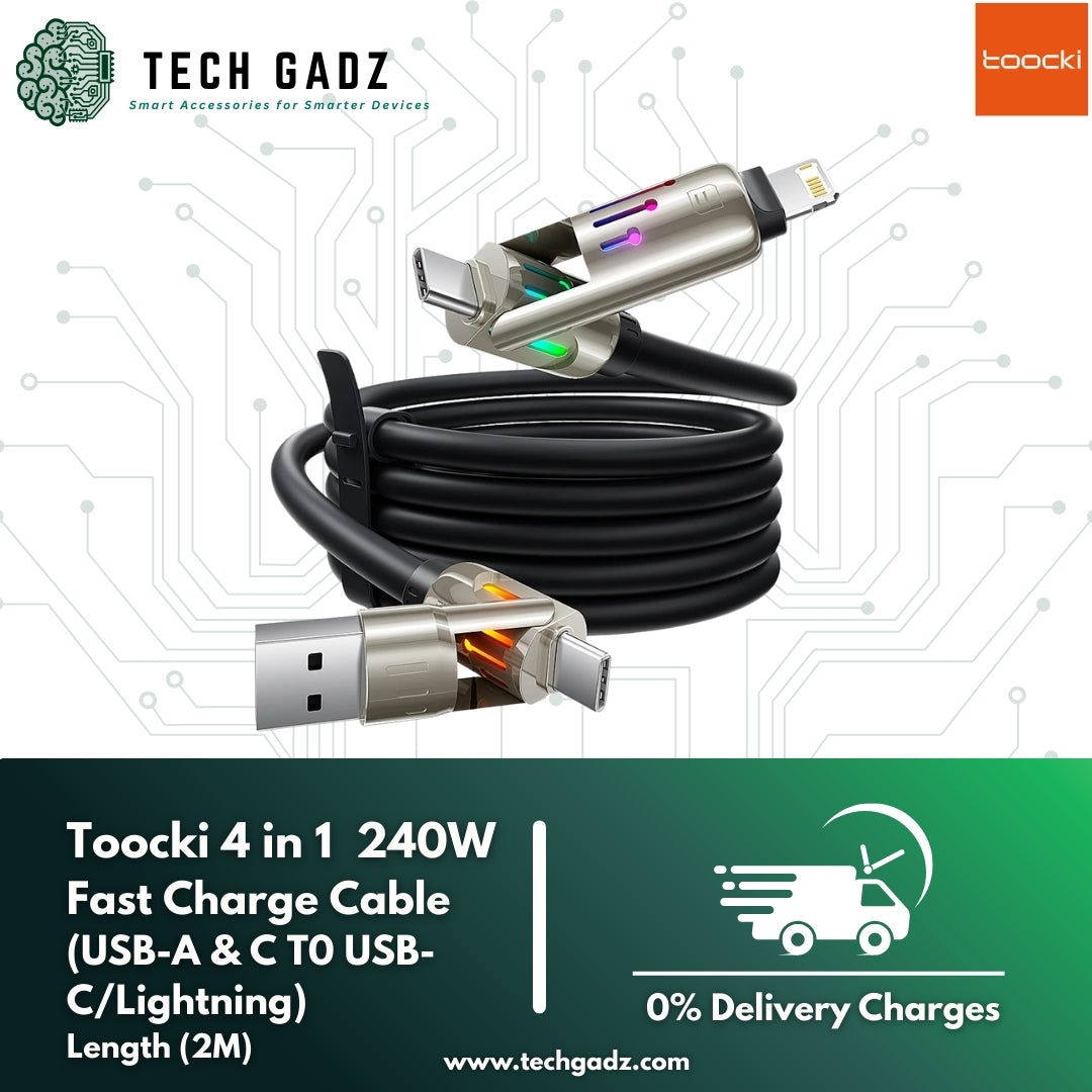 Toocki 240W 4 in 1 Fast Charge LED Cable (USB-A & Type-C to Type-C & Lightning) - Techgadz