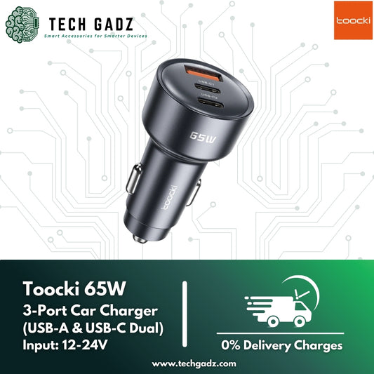 Toocki 65W 3-Port Car Charger (USB-A & USB-C Dual) - Techgadz