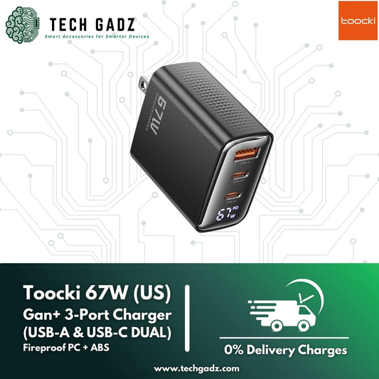 Toocki PD 67W Gan + 3-Port Charger (USB-A & USB-C DUAL) - Techgadz