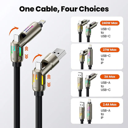 Toocki 240W 4 in 1 Fast Charge LED Cable (USB-A & Type-C to Type-C & Lightning) - Techgadz